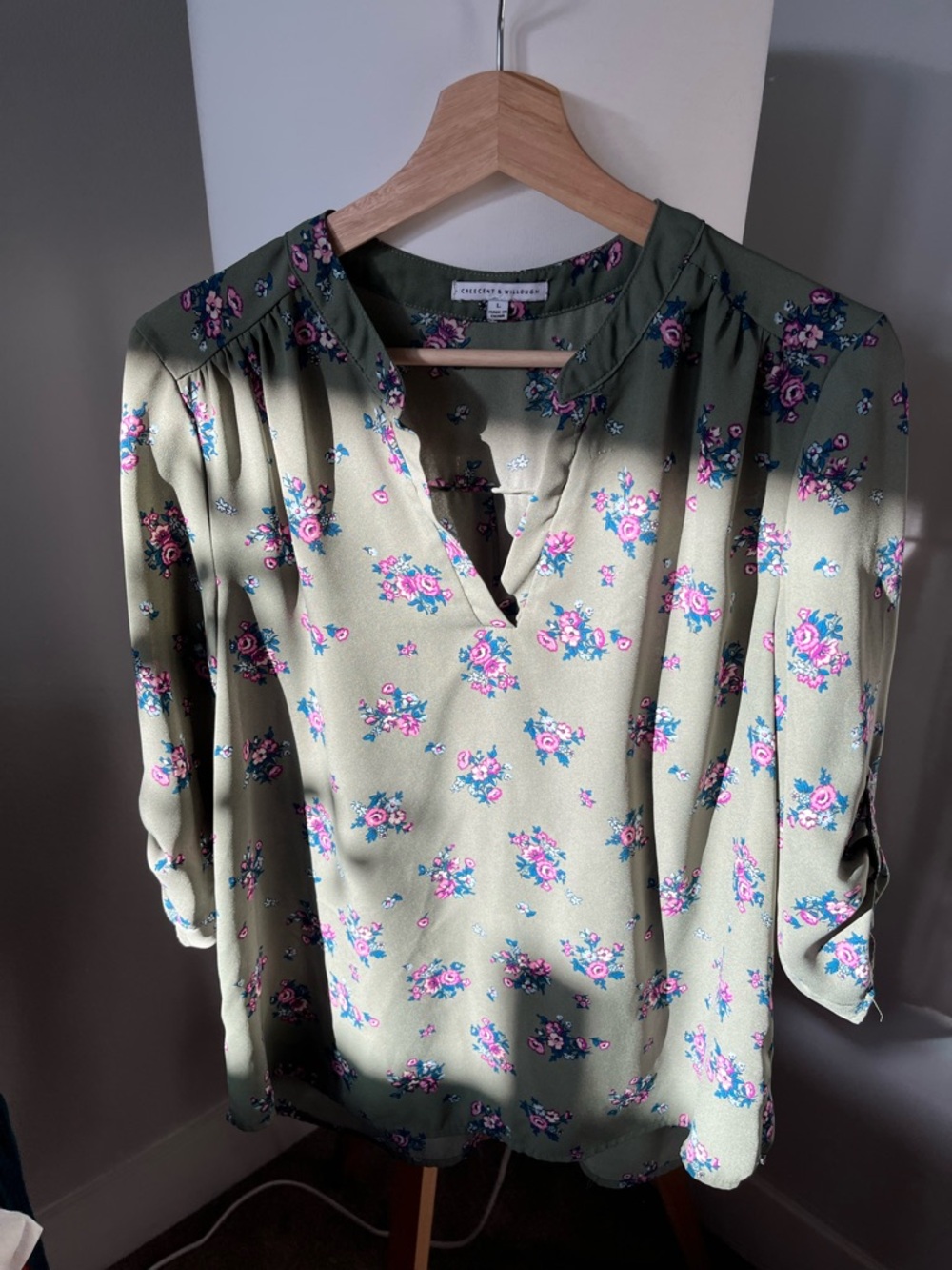 Olive Green Floral V-Neck Blouse
